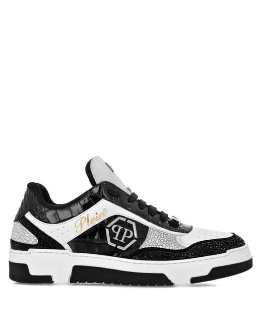 Philipp Plein Black Crystal-Embellished Crocodile-Effect Sneakers