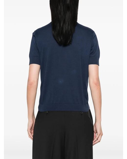 Emporio Armani Blue Logo-Embroidered Short-Sleeve Sweater