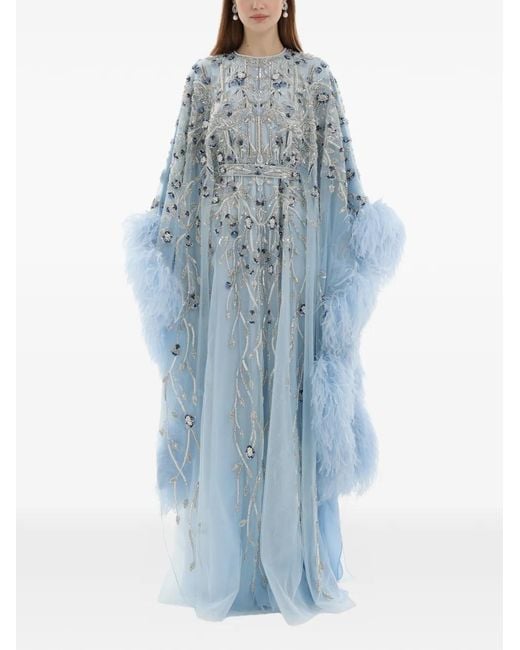 Dina Melwani Blue Crystal-Embroidered Feather Maxi Dress