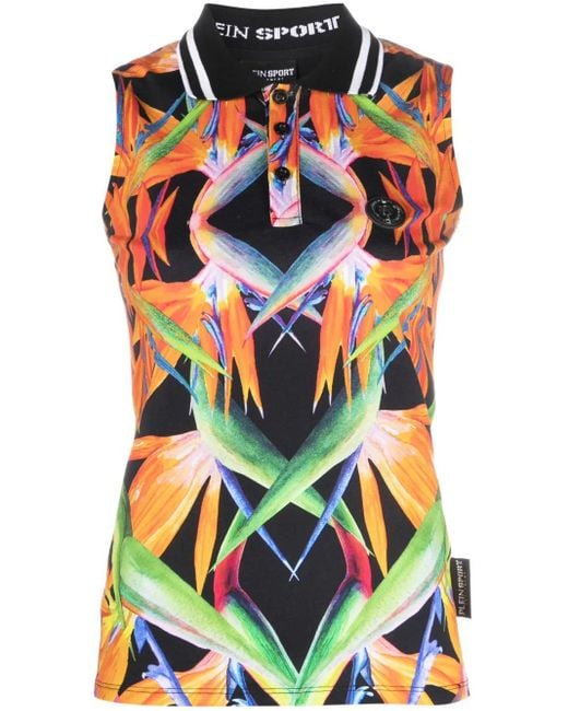 Philipp Plein White Floral-Print Sleeveless Cotton Polo Shirt