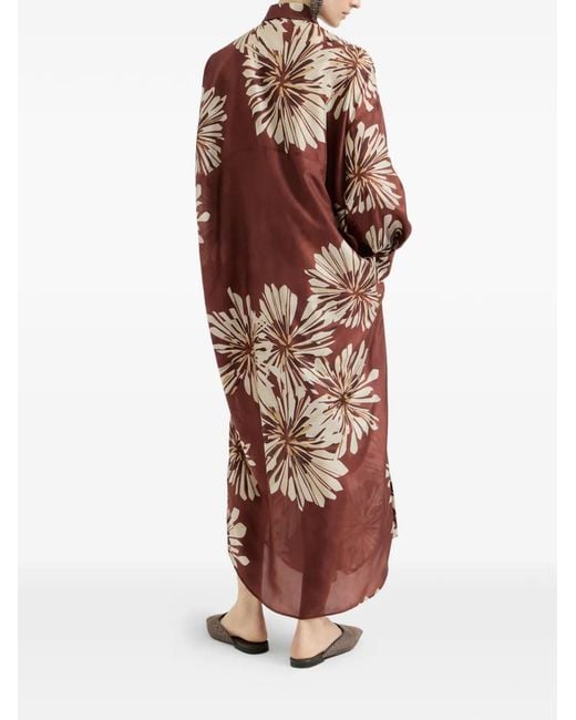 Brunello Cucinelli Brown Maxi Bloom-Print Monili-Detail Dress