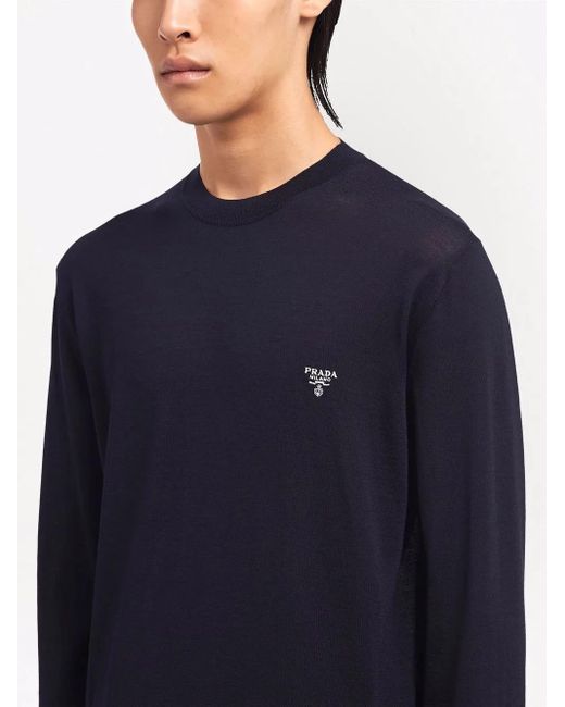 Prada Blue Embroidered-logo Wool Jumper for men