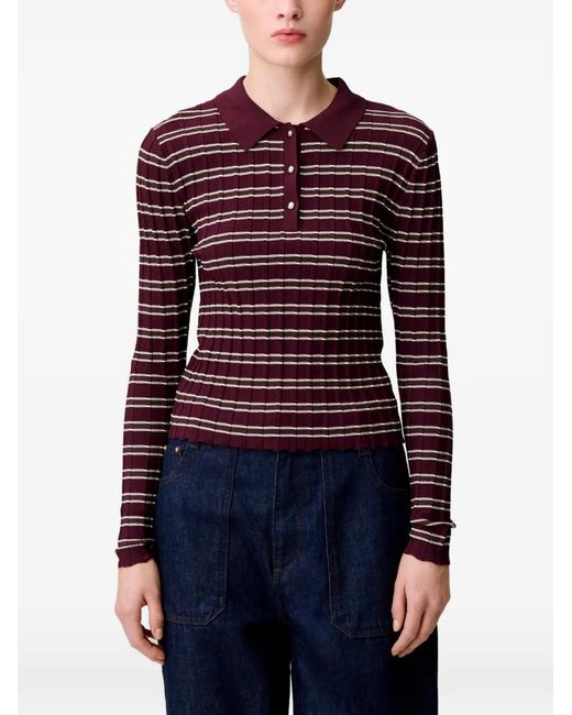 Claudie Pierlot Purple Striped Ribbed-Knit Polo Top