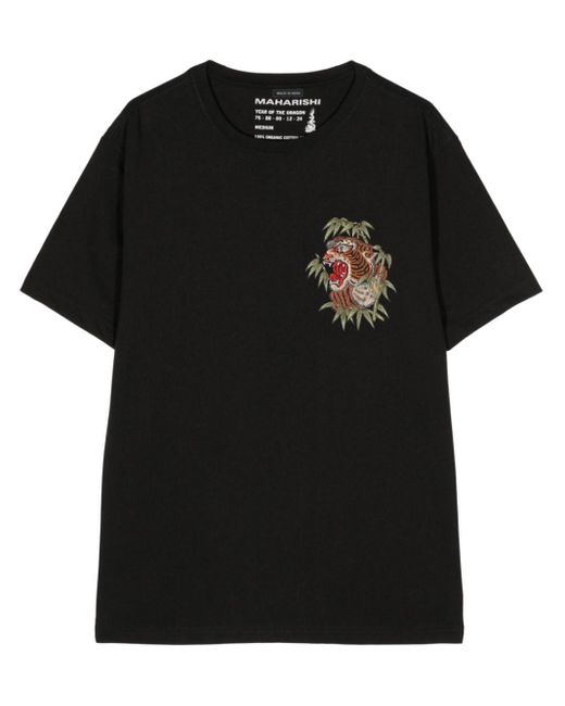 Maharishi Black Tiger-embroidered Organic Cotton T-shirt for men