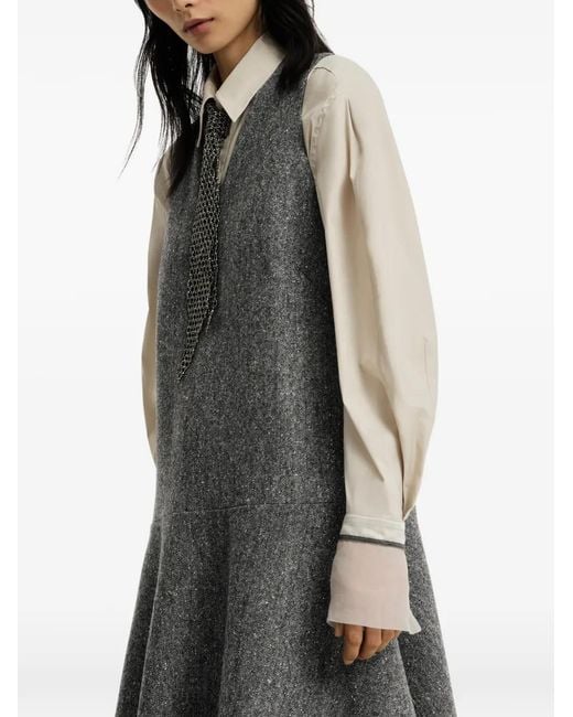 Brunello Cucinelli Gray Virgin-Wool Donegal Mini Dress With Monili