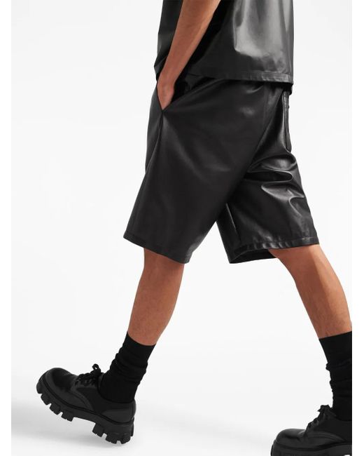 Prada Black Triangle-Logo Leather Bermuda Shorts for men