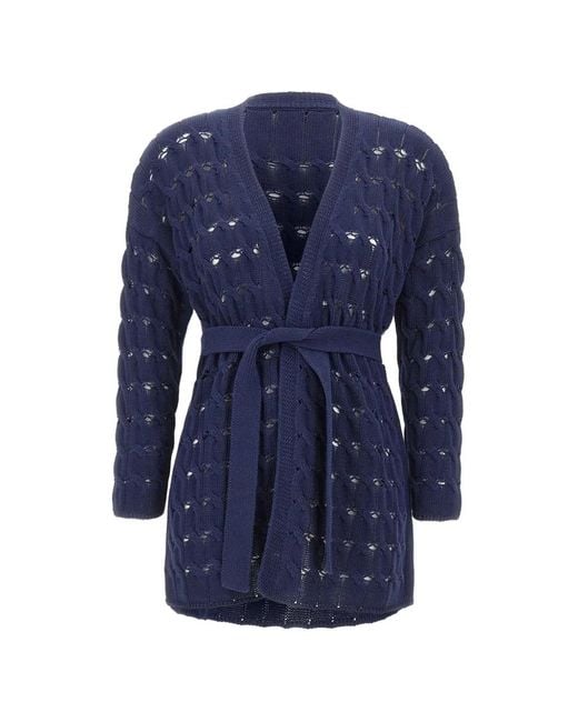 Kangra Blue Cardigan Ceinturé En Maille Torsadé