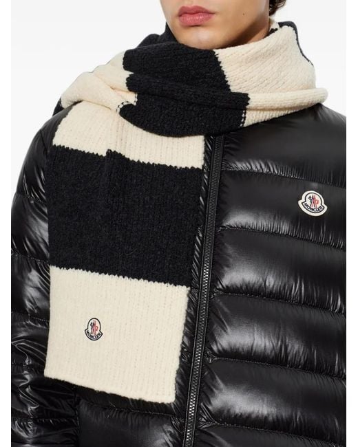 Moncler Black Striped Logo-Patch Scarf for men