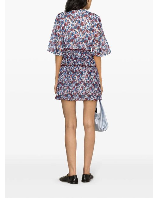 Ganni Blue Pleated Floral-Print Minidress