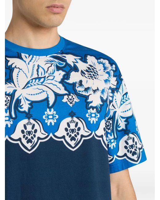 Etro Blue Cotton T-Shirt With Placed Floral Print for men