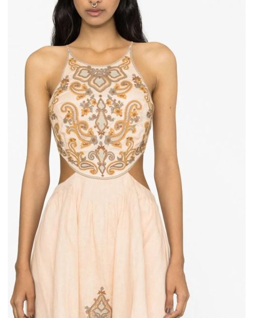 Zimmermann Natural Devi Midikleid Aus Leinen Mit Cut-out Und Stickereien