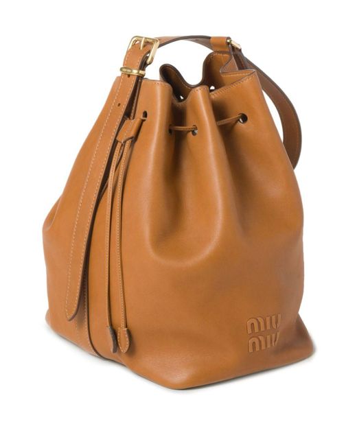 Miu Miu Brown Logo-Embossed Leather Bucket Bag