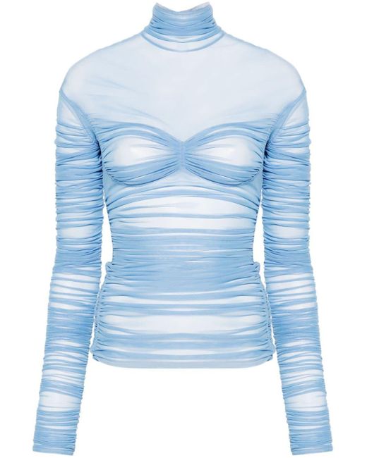 Mugler Blue Ruched Mesh Top - Women's - Polyamide/spandex/elastane