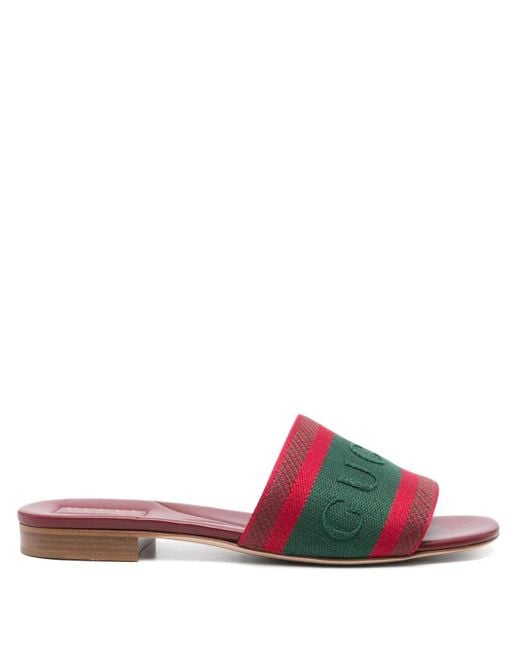 Gucci Red Slide Sandal With Web, Fabric