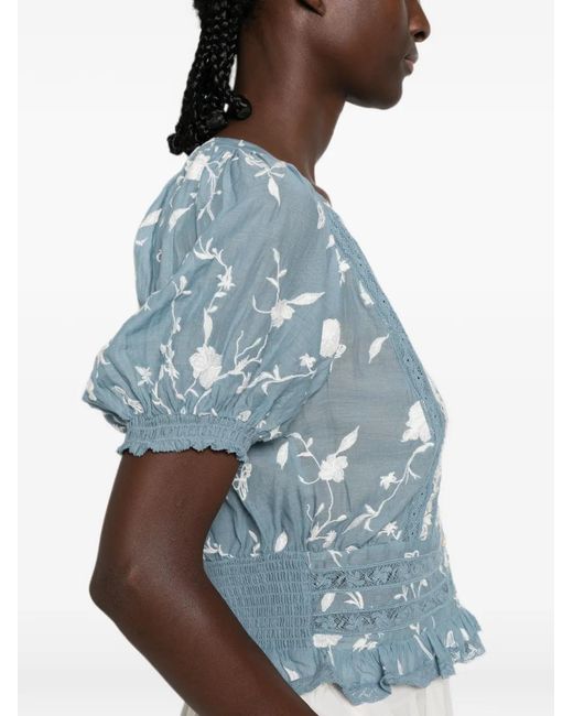 Alice + Olivia Blue Lace-Trim Embroidered Blouse