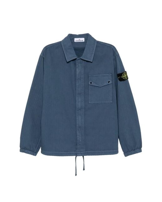 Stone Island Blue Compass-Patch Herringbone Shirt for men