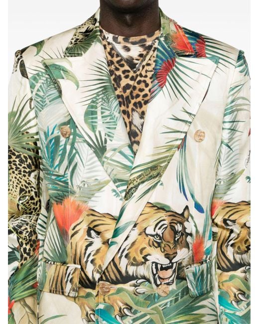 Roberto Cavalli Green Jungle-print Silk Blazer for men