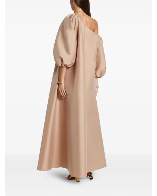 BERNADETTE Natural Puff-Sleeve Asymmetric-Shoulder Dress