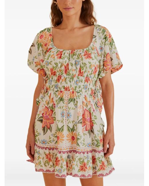 Farm Rio White Bloom Garden Floral-Print Mini Dress