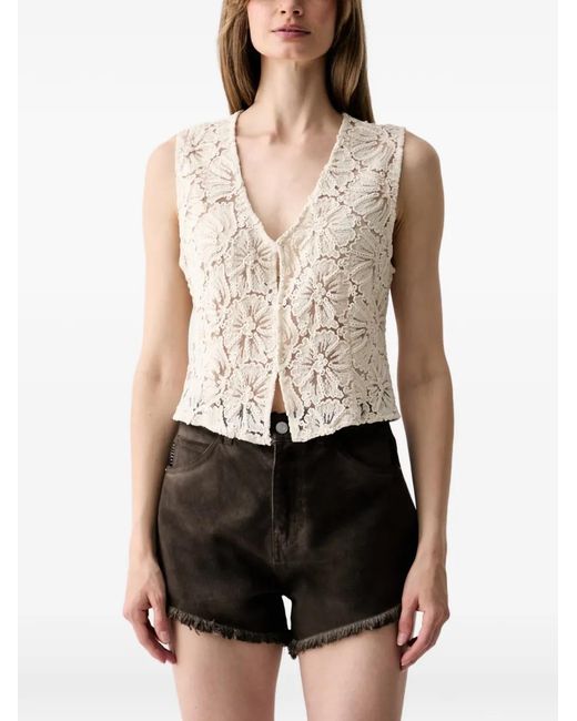 Haveone White Floral-Lace V-Neck Top