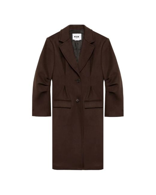 MSGM Brown Pleated-Sleeve Notched-Lapels Coat