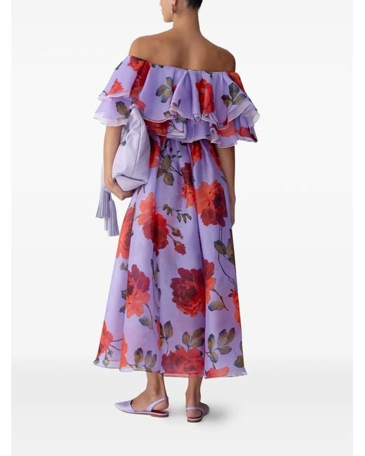 Carolina Herrera Red Rose-Print Organza Dress With Ruffles