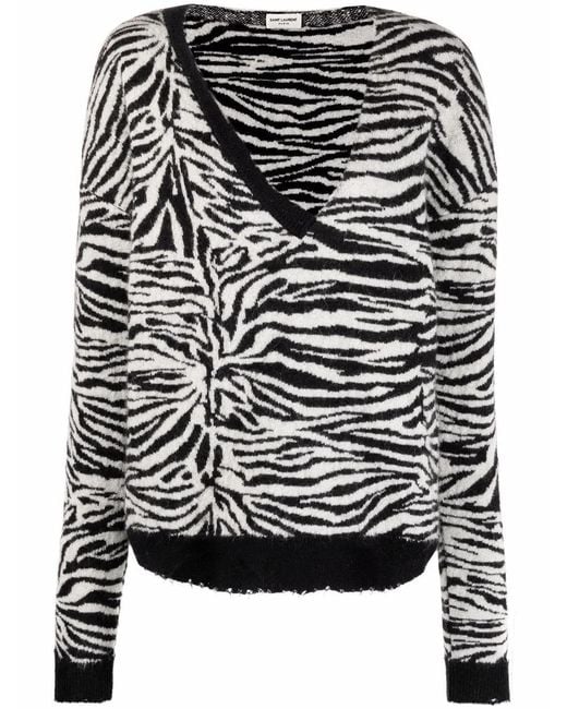 Saint Laurent White Zebra-pattern Ripped Jumper