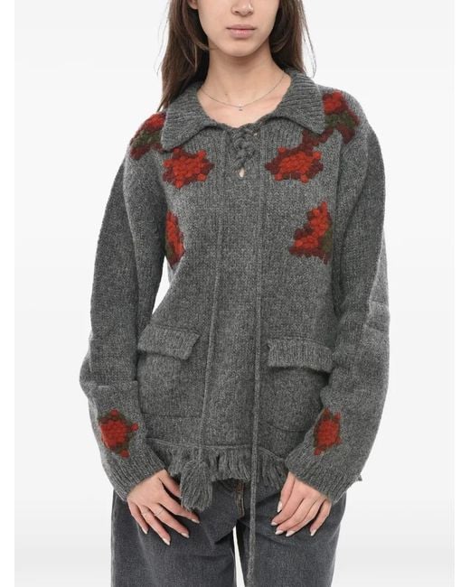 BAZISZT Gray Embroidered Fringed-Hem Sweater