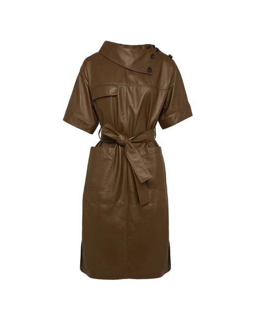 Yves Salomon Brown Asymmetric Belted Leather Midi Dress