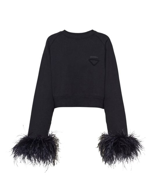 Prada Black Feather-trim Cotton Sweatshirt