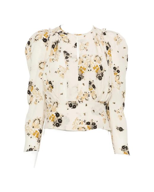 Isabel Marant White Zarga Floral-Print Puffed-Sleeve Blouse