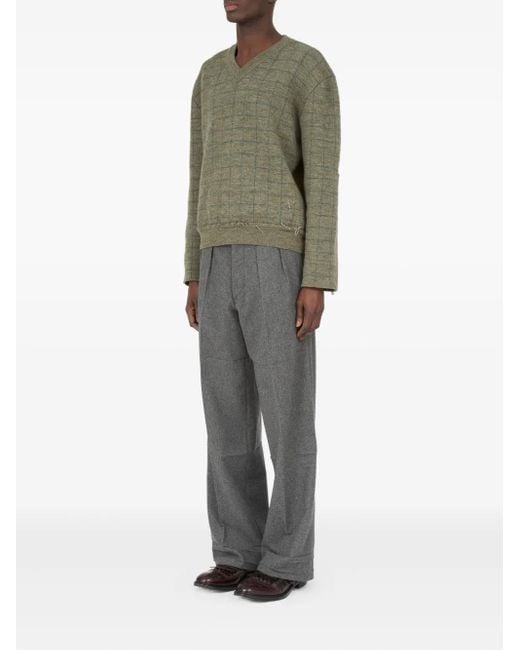 Maison Margiela Green V-Neck Grid-Pattern Wool Sweater for men