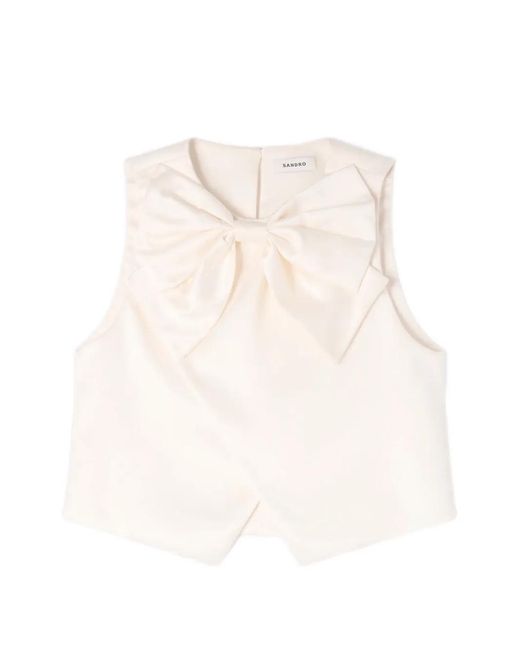 Sandro White Bow Satin Top