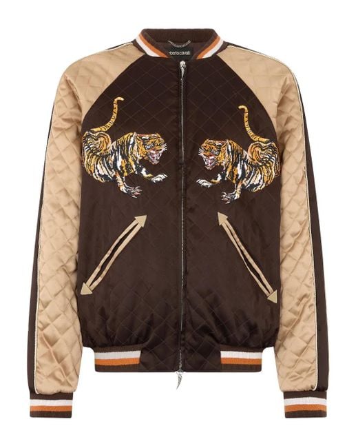 Roberto Cavalli Brown Tiger-Embroidered Quilted Bomber Jacket for men