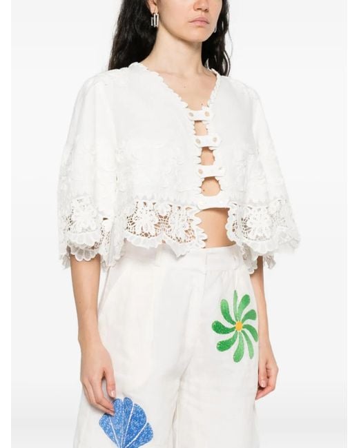 Sea White Lace-Trimmed Buttoned Blouse