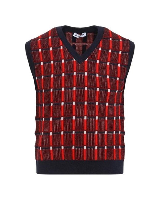 Jil Sander Red Check-Pattern V-Neck Vest for men