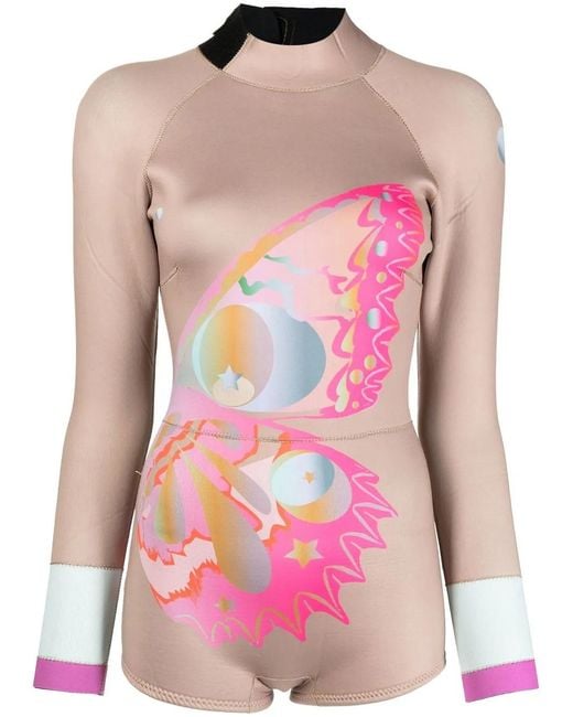 Cynthia Rowley Pink Butterfly-Print Long-Sleeve Wetsuit