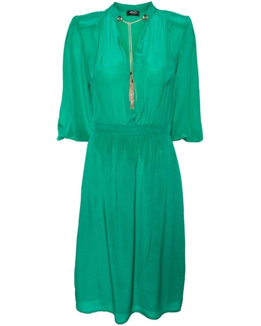 Liu Jo Green Plunging V-neck Silk Midi Dress