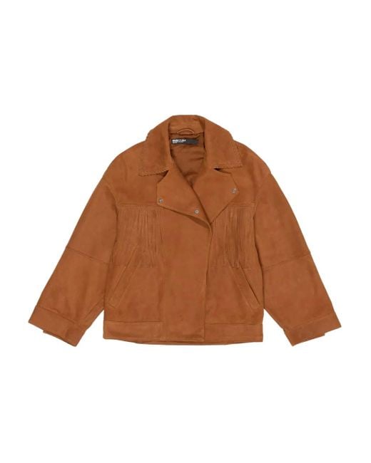 Bimba Y Lola Brown Fringe-Detailing Leather Jacket