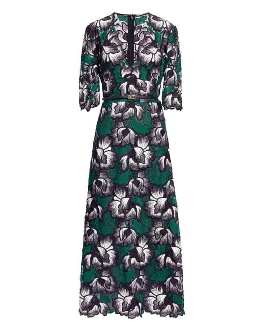 Elie Saab Green Macramé Floral Midi Dress