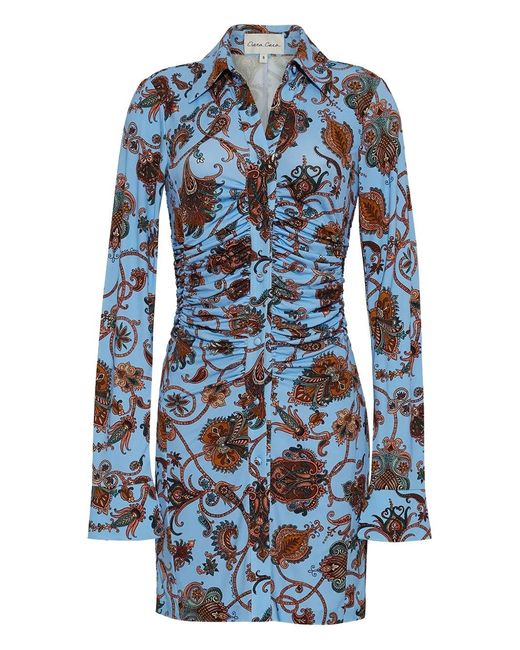 Cara Cara Blue Shirley Paisley-Print Shirred Mini Dress