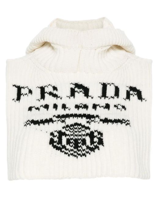Prada White Intarsien-Pullover Mit Logo