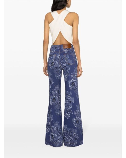 Etro Blue Paisley-print High-rise Flared Jeans