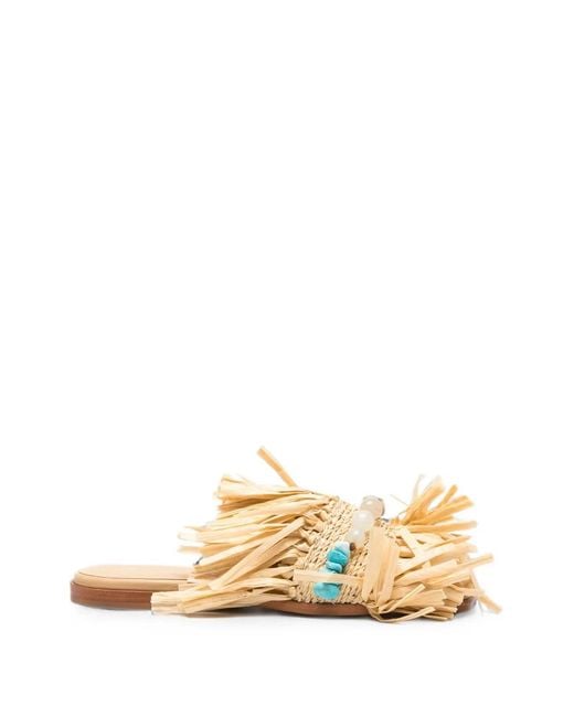 Patrizia Pepe Metallic Fringed Raffia Flat Sandals