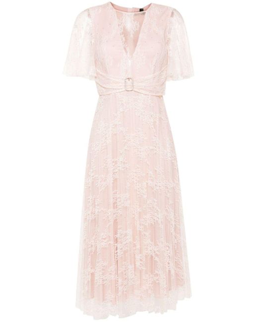 Nissa Pink Lace-overlay Pleated Dress