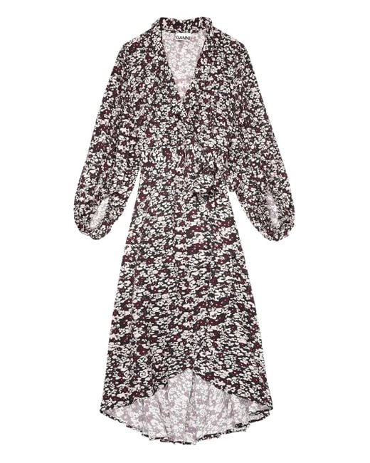 Ganni Floral-print Wrap Midi Dress White