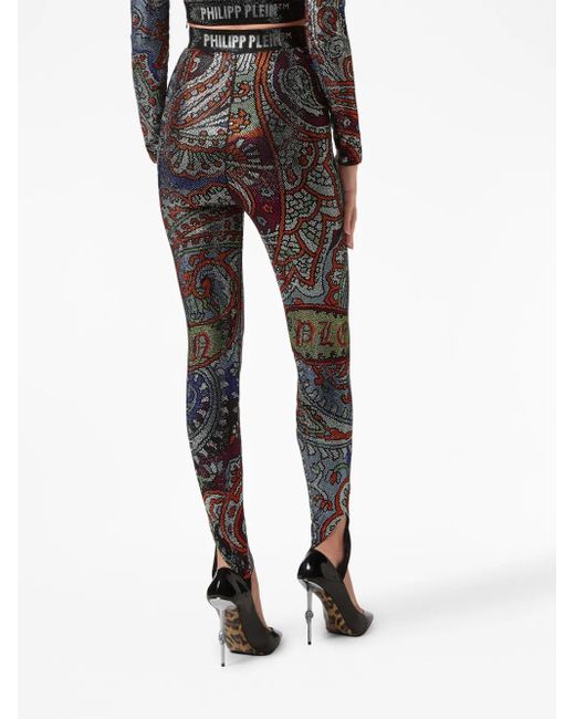 Philipp Plein Black Paisley Rhinestone-Embellished Leggings