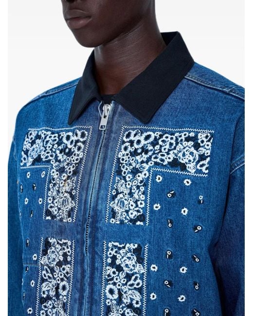 NOMARHYTHM Blue Bandana.Embroidered Zip-Up Denim Jacket for men