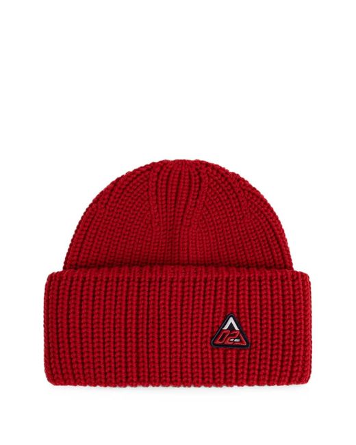 DSquared² Red Logo-Patch Ribbed-Knit Beanie Hat for men