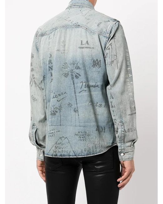 Amiri Blue Distressed Logo Print Denim Shirt for men